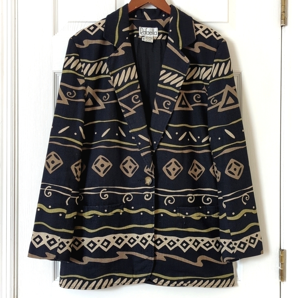 Rafaella 80's Vintage Funky Printed Linen Blend Boxy Blazer Jacket Black Tan 8